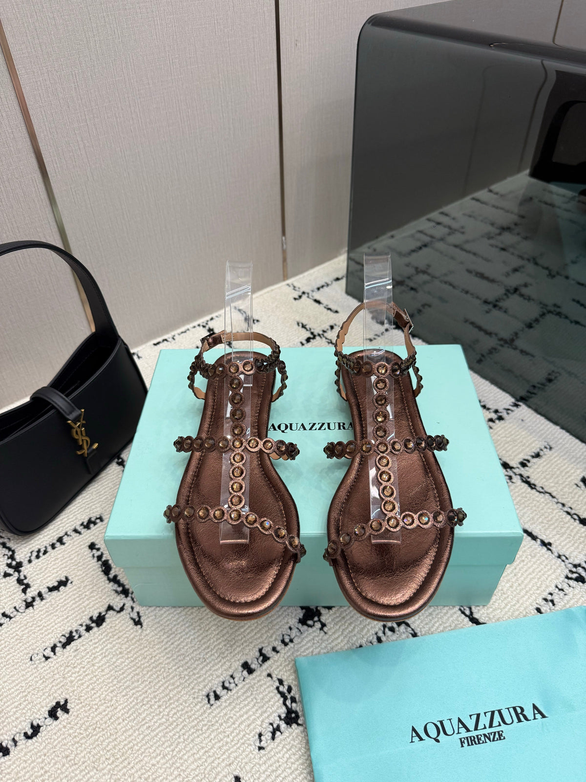 Aquazzura 26s Flat Sandals Dark Brown Lambskin Crystal-Embellished 824915