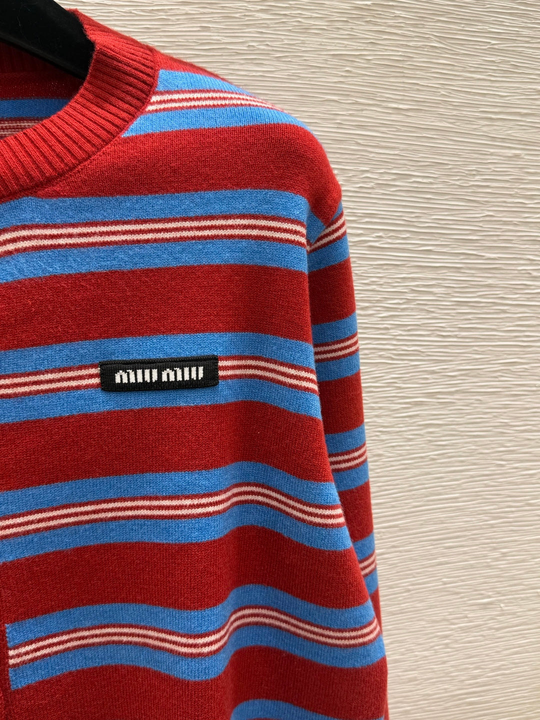 Miu Striped Knit Cardigan Round Neck Button-Front Red Blue Wool 313352