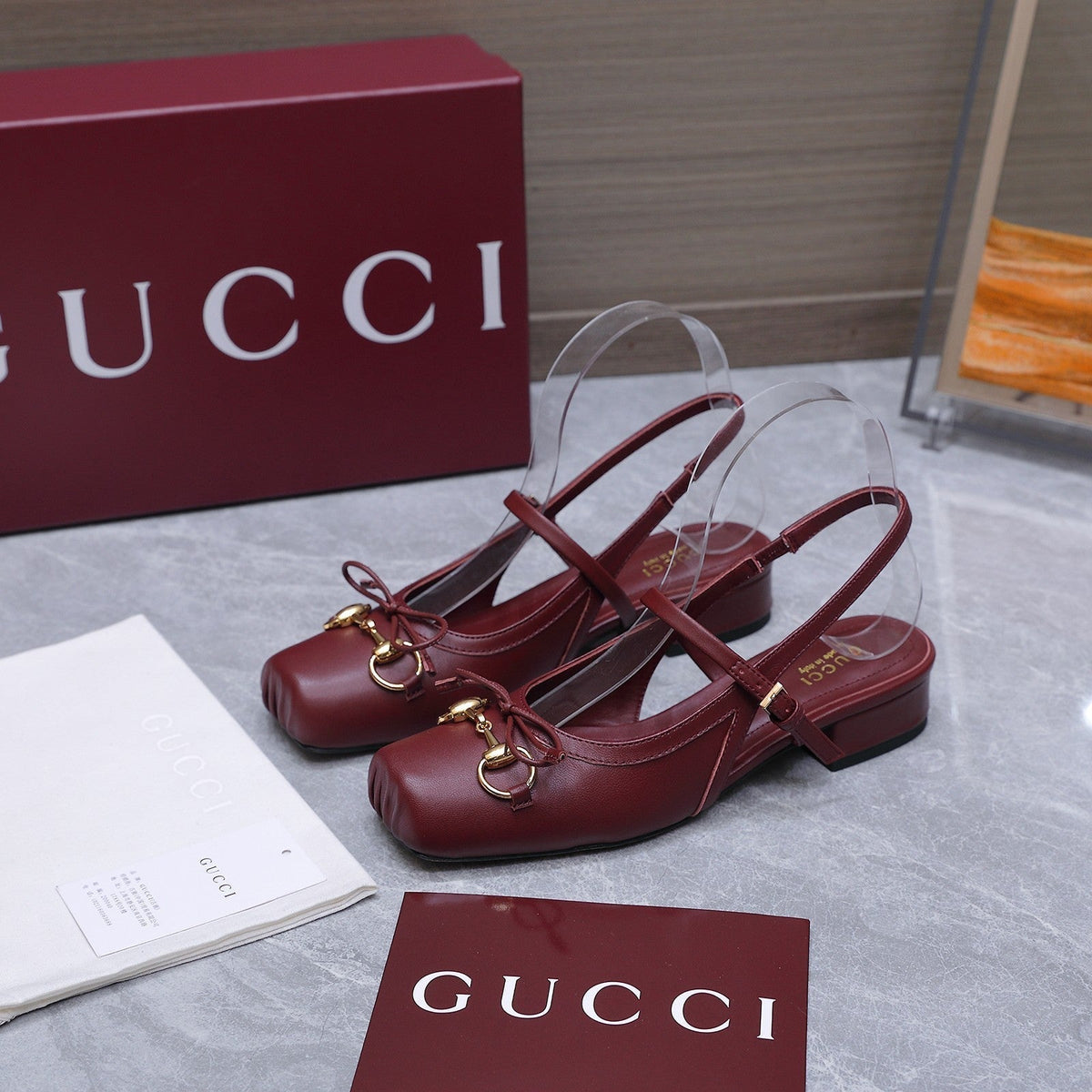 Gucci 26s Slingback Pumps Burgundy Red Calfskin Gold Hardware