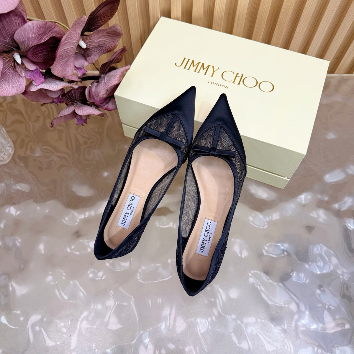 Jimmy Choo 26S Flats Black Lace And Satin 529146