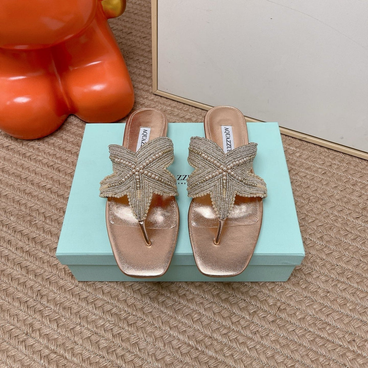Aquazzura 26s Starfish Beaded Thong Sandals Rose Gold Lambskin 682415