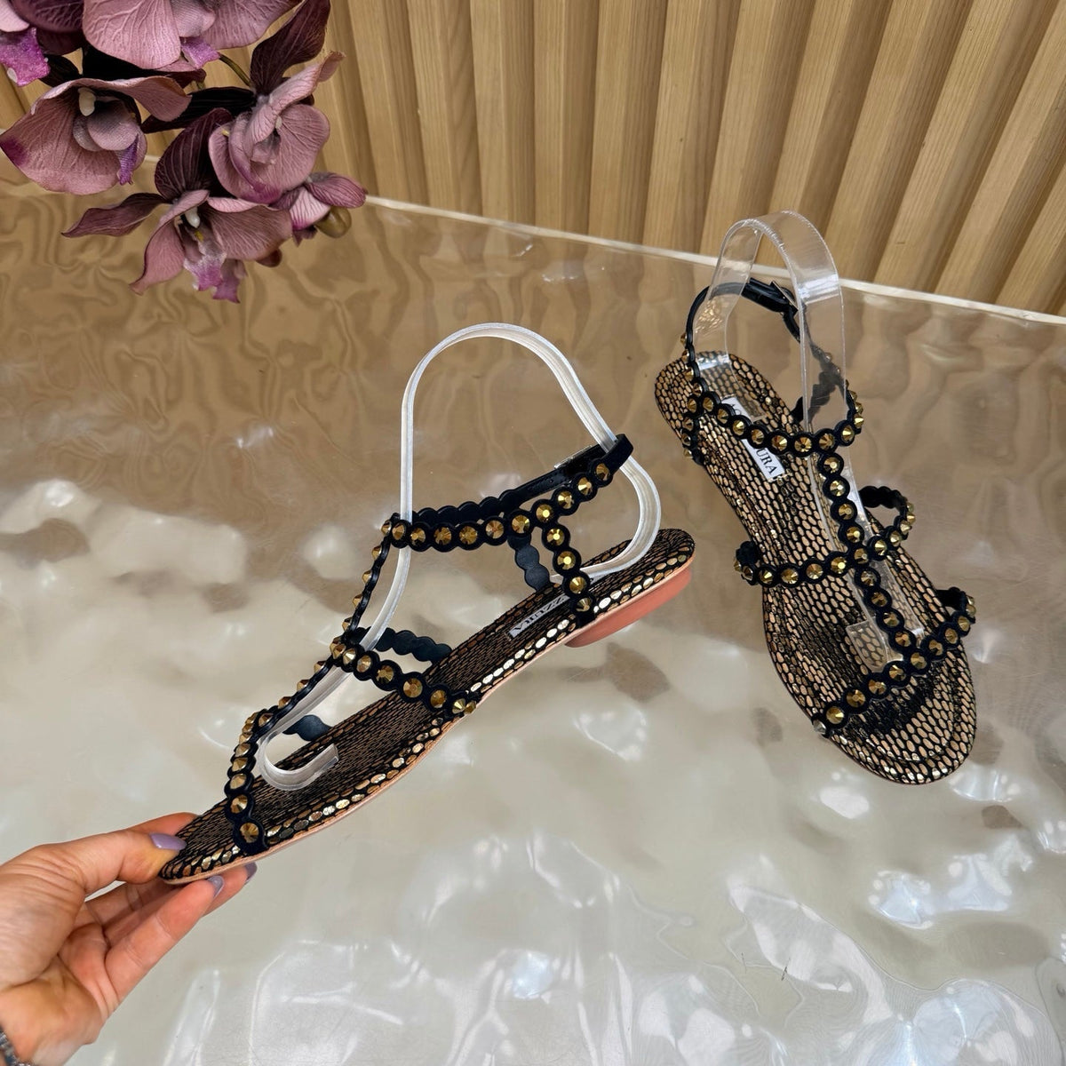Aquazzura 26s Flat Sandals Bronze Metallic Snakeskin Crystal Embellished 739415
