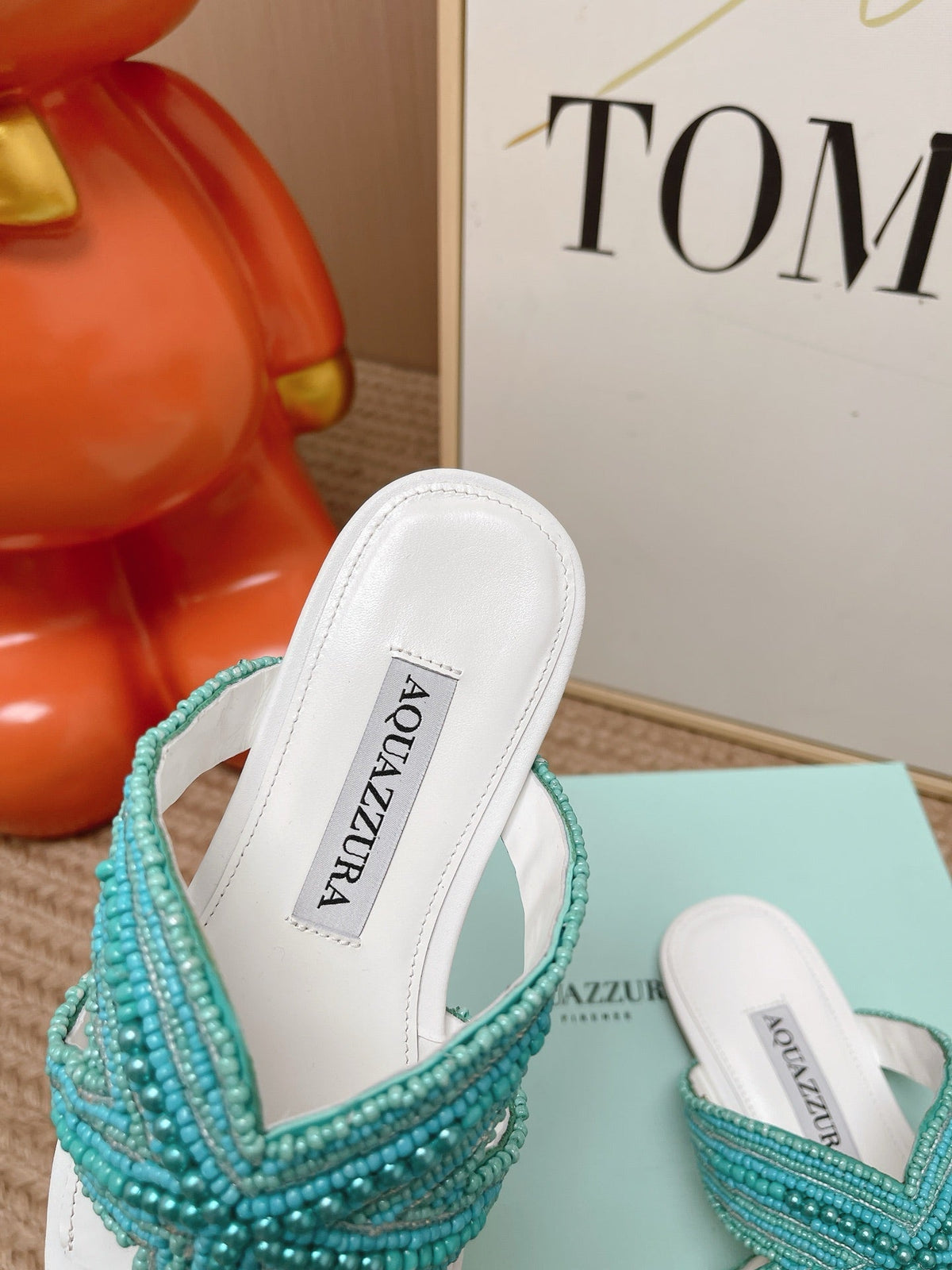 Aquazzura 26s Starfish Beaded Thong Sandals White & Turquoise Lambskin 174952