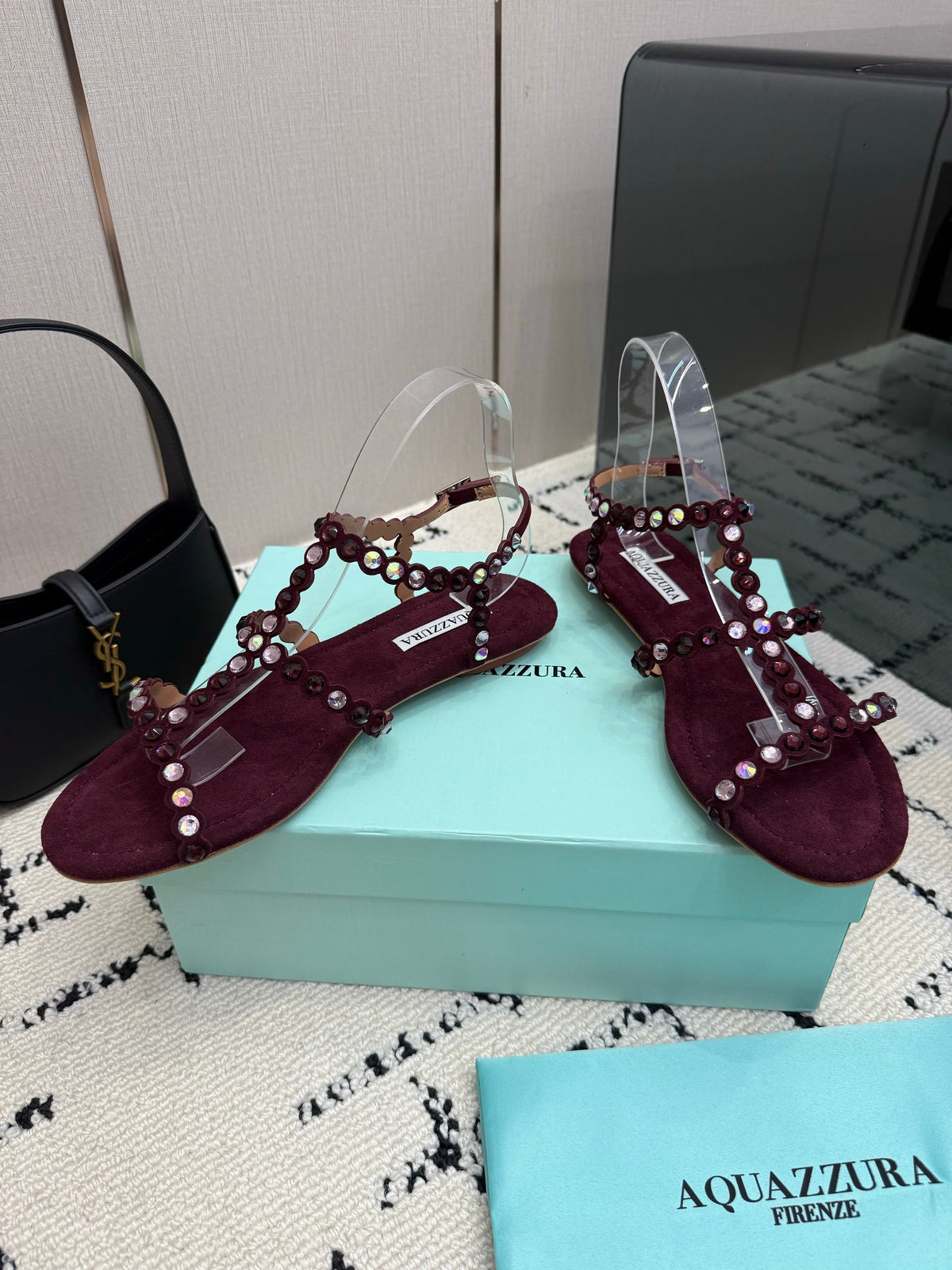Aquazzura 26s Flat Sandals Dark Red Suede Crystal-Embellished 824195