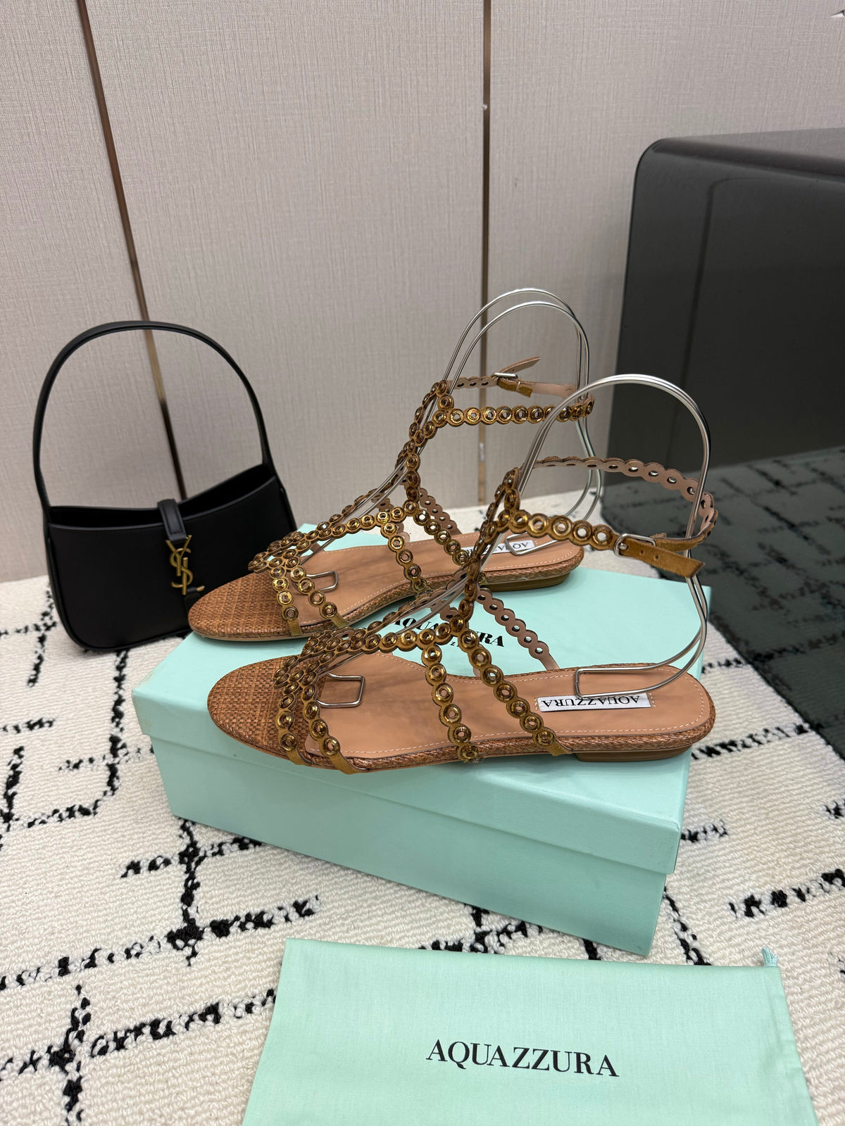 Aquazzura 26s Ankle-Strap Sandals Brown Woven Fabric 502814