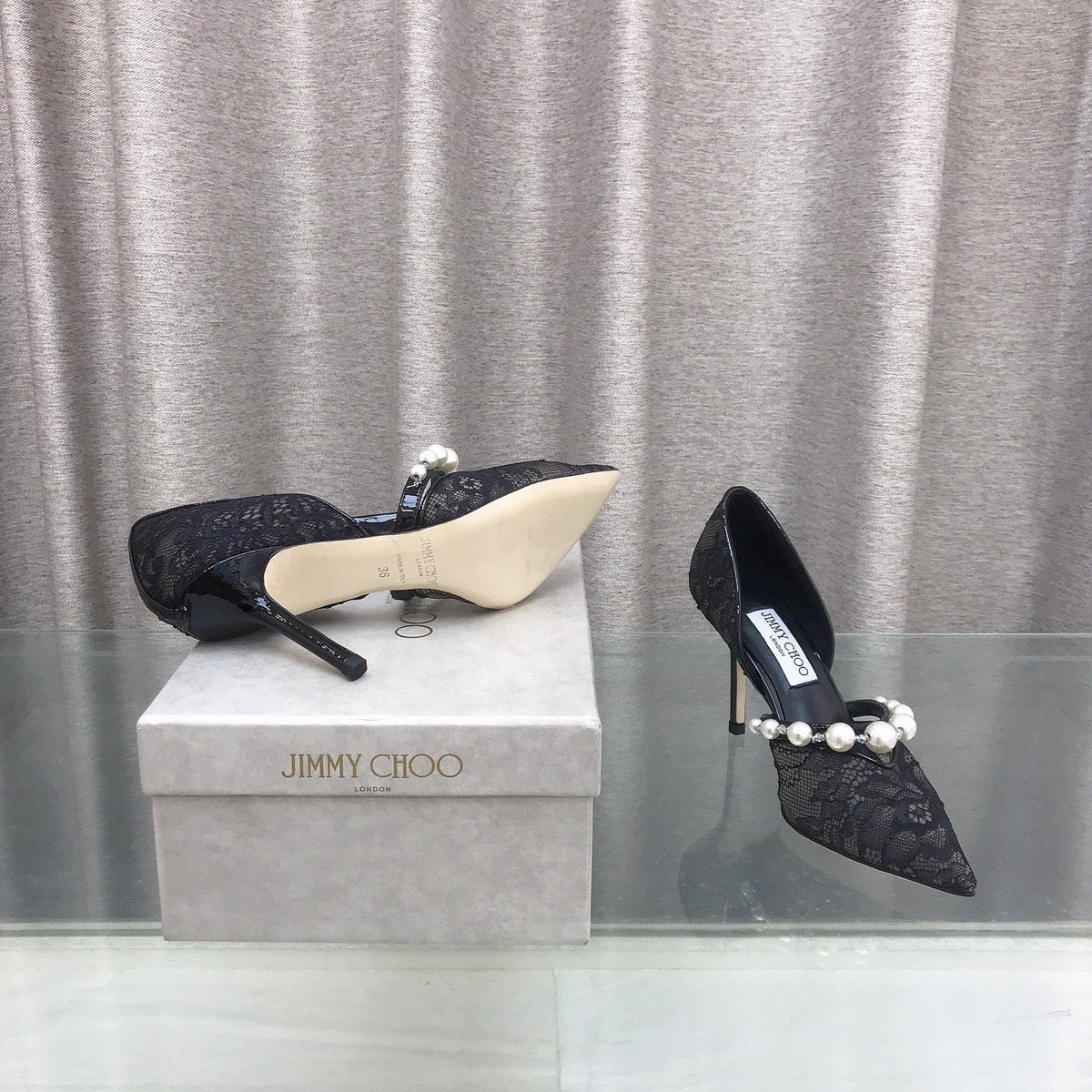 Jimmy Choo 26S High Heels 8.5cm Black Lace Pearl-Embellished 824195