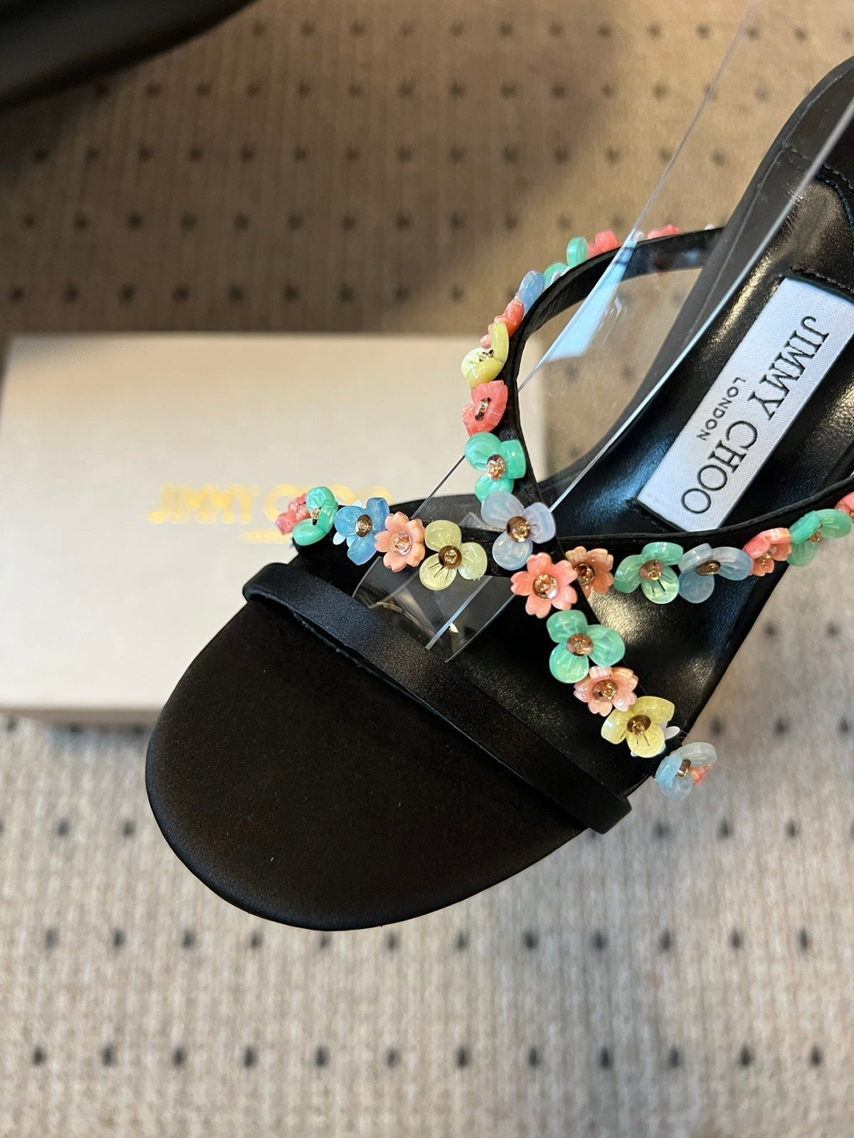 Jimmy Choo 26S Floral Heel Sandals 8.5cm Black Satin And Lambskin 524193