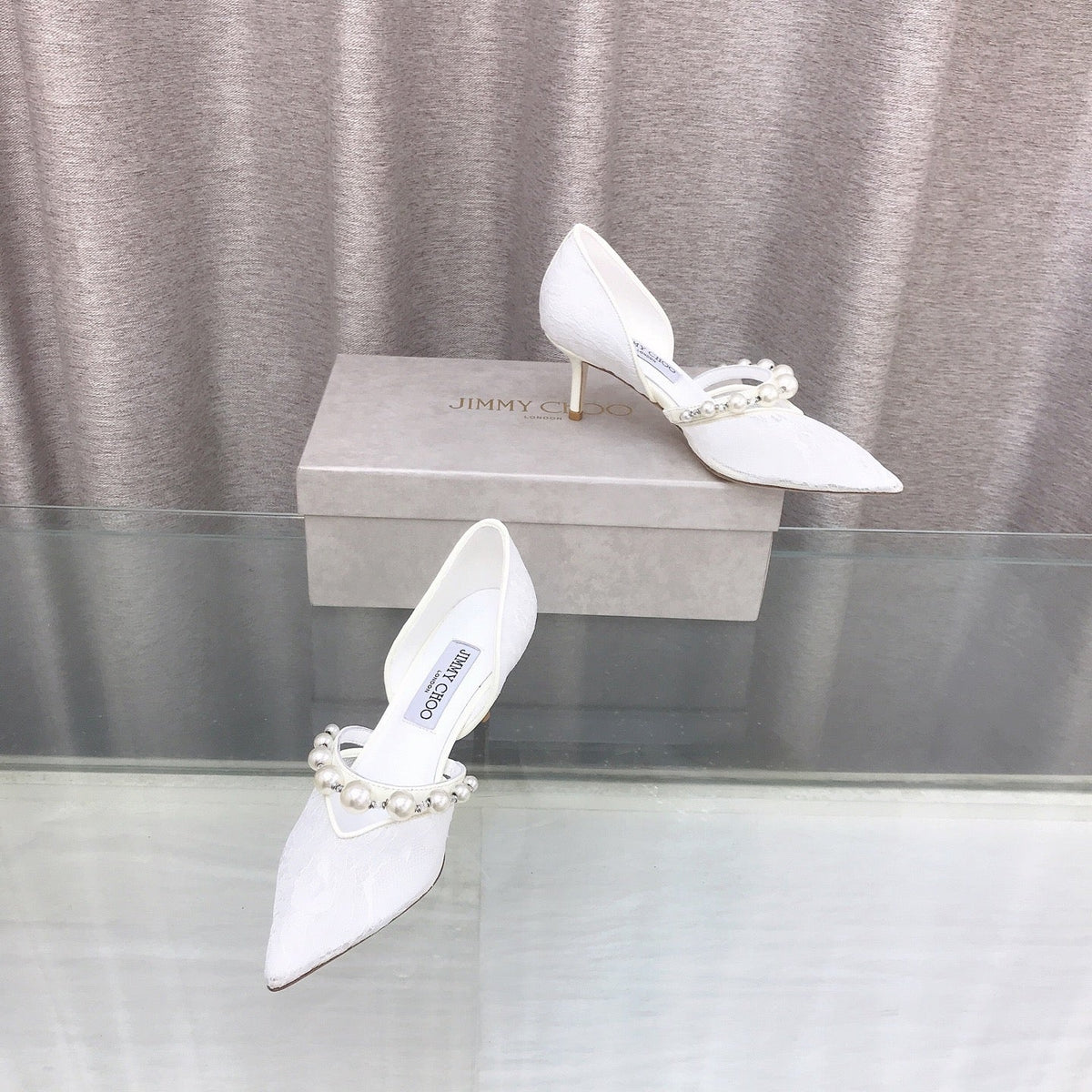 Jimmy Choo 26S High Heels 6.5cm White Lace Pearl-Embellished 714936