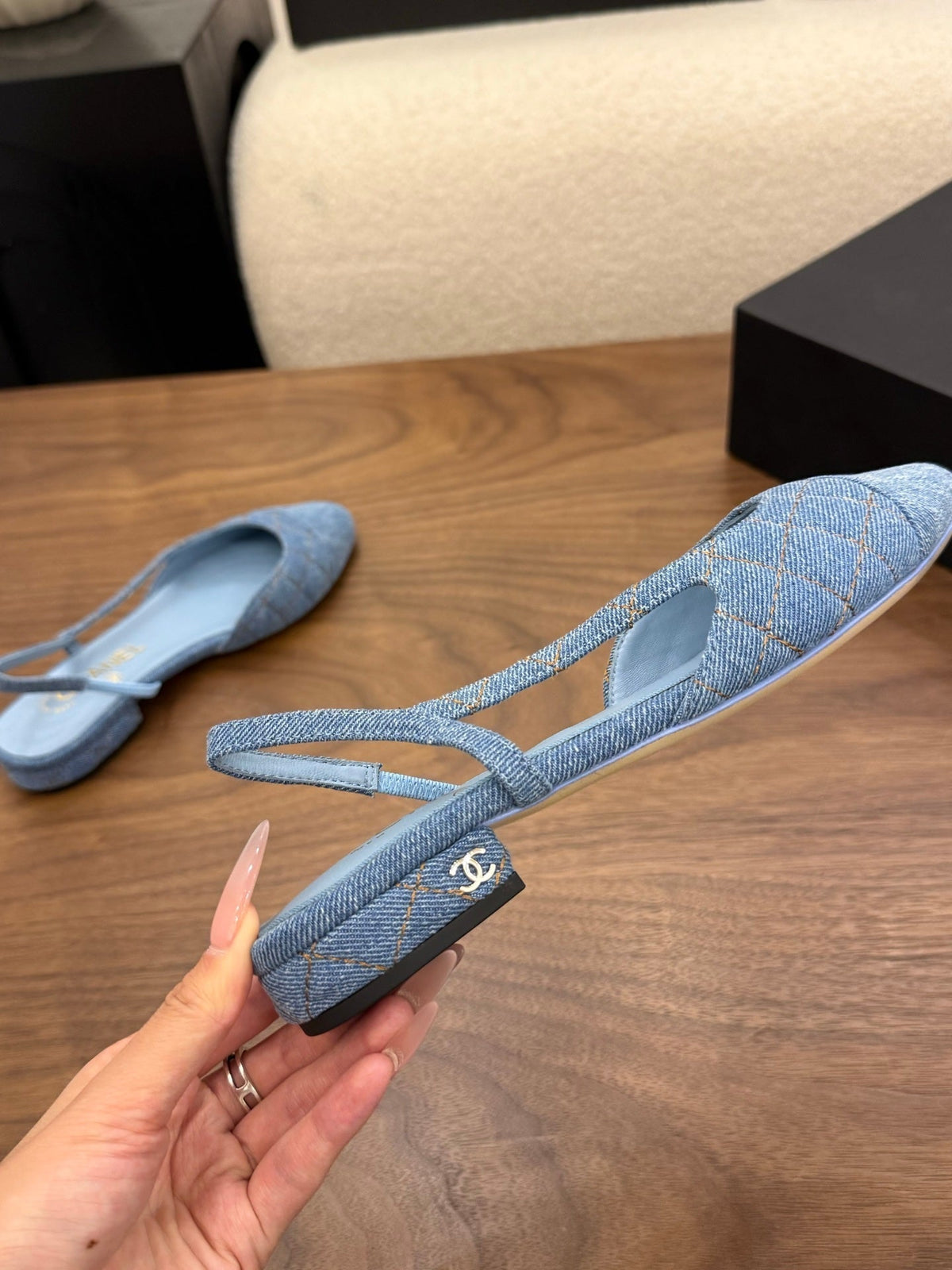 Chanel 26s Slingback Pumps Blue Denim Pointed Toe