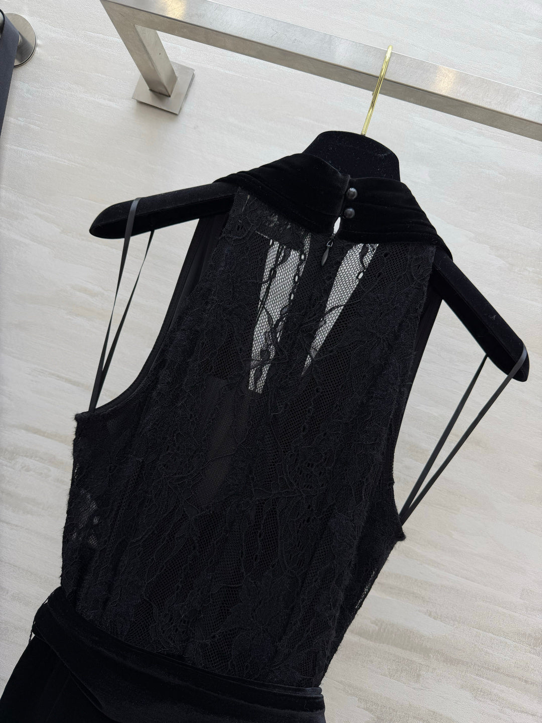 YSL 26FW Velvet Lace Halter-Neck Wide-Leg Jumpsuit Black Velvet 441671