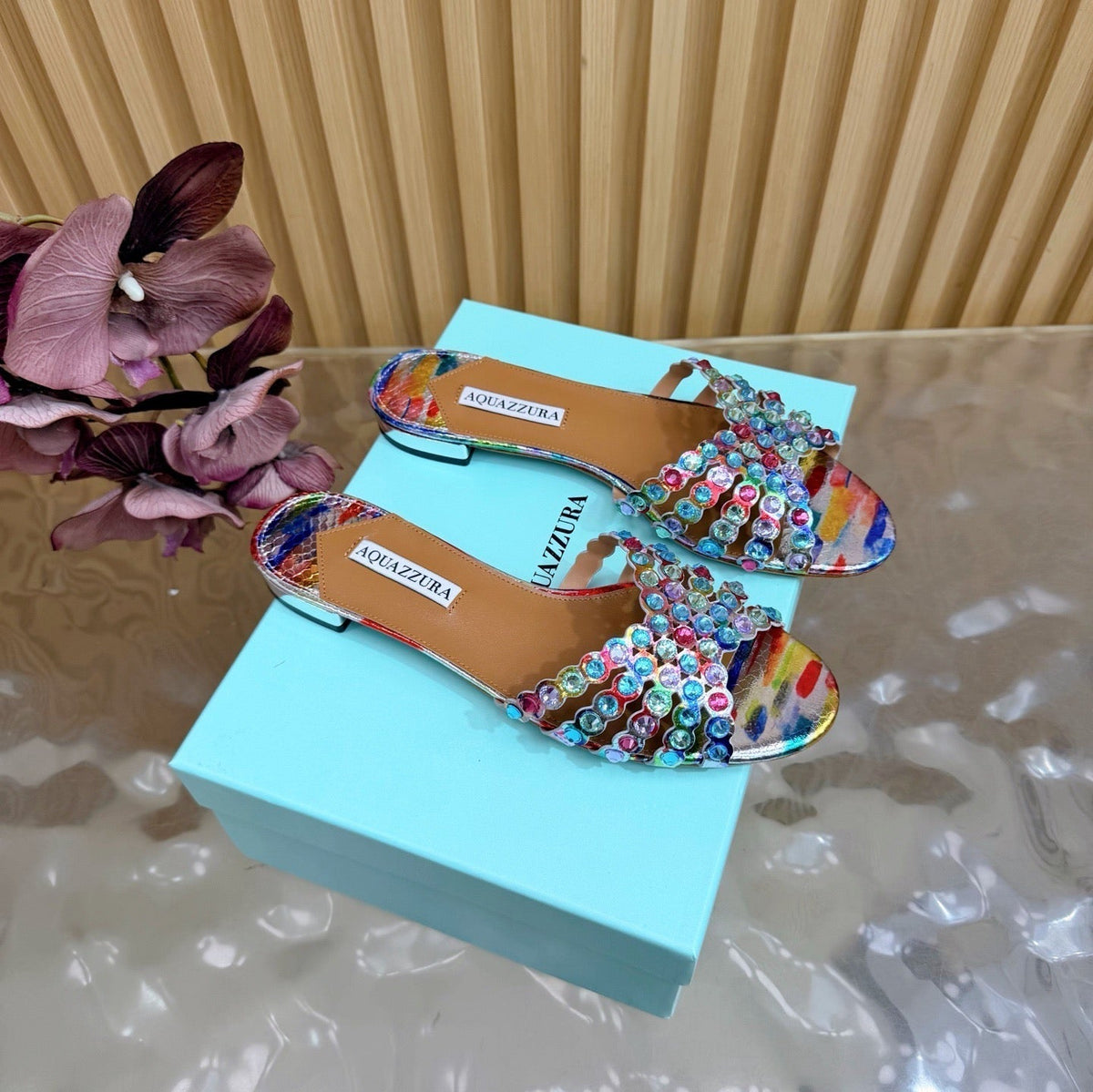 Aquazzura 26s Slides Multicolor Snakeskin Embossed Leather 924158