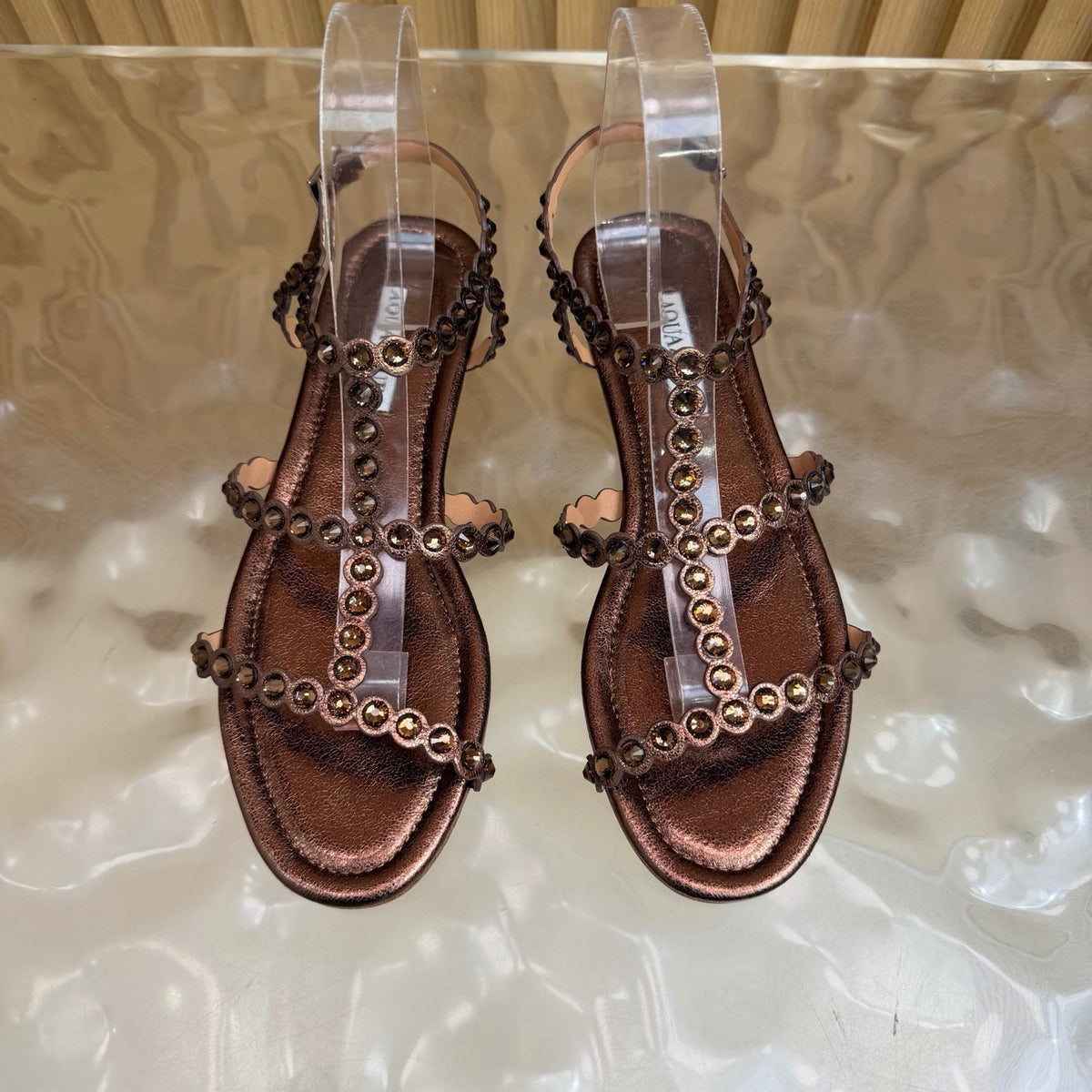 Aquazzura 26s Flat Sandals Dark Bronze Calfskin Crystal Embellished 501837