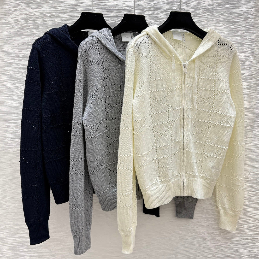 CD 26FW Cannage Textured-Knit Hooded Zip-Up Cardigan Wool 313338