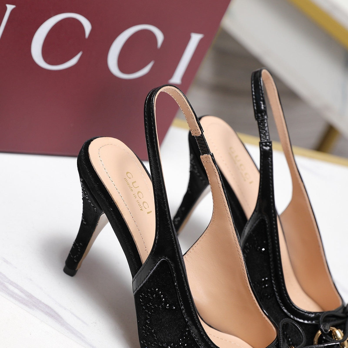 Gucci 26s Slingback Pumps 10cm Black Velvet Gold Hardware With Bow