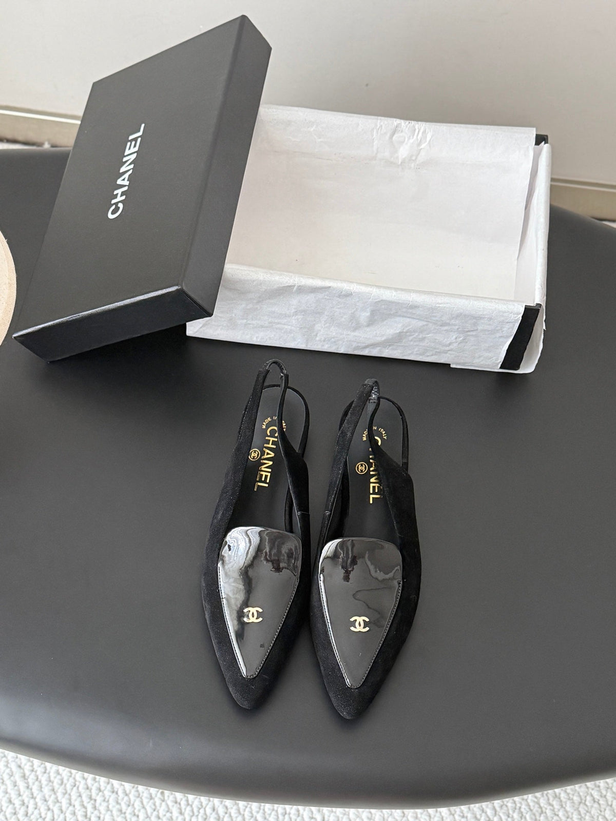 Chanel 26s Slingback Flat Black Suede Calfskin