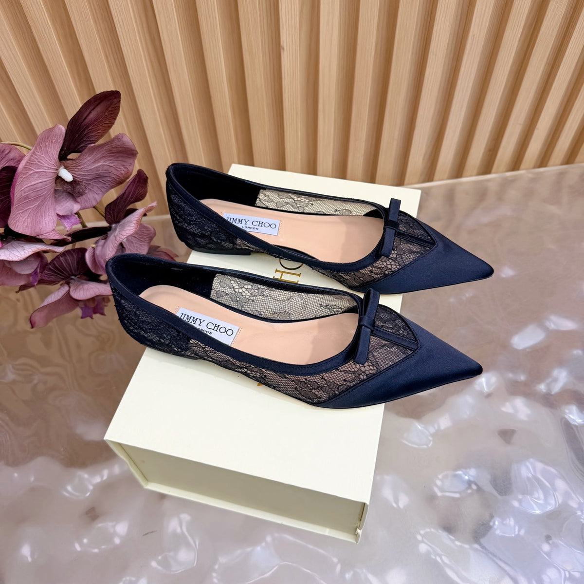Jimmy Choo 26S Flats Black Lace And Satin 529146