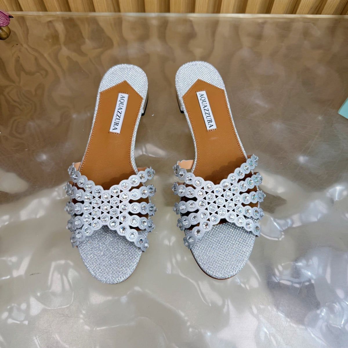 Aquazzura 26s Slides Silver Lurex Fabric 839214