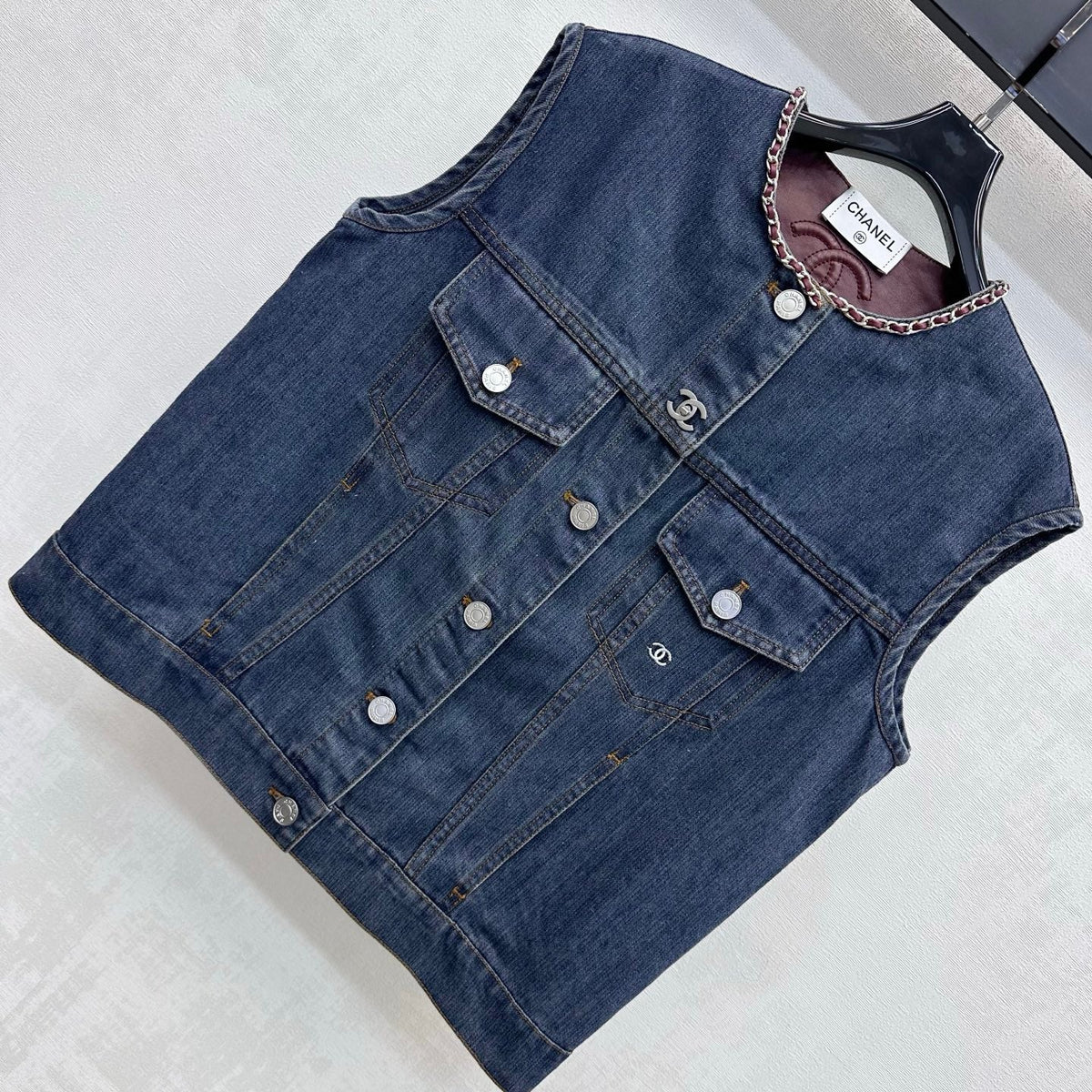 CC 26FW Chain-Trim Denim Vest Embroidered Logo Blue Cotton 441464