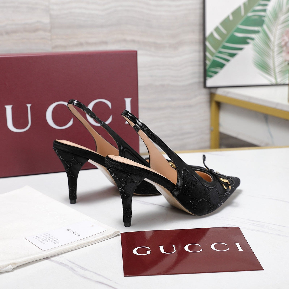 Gucci 26s Slingback Pumps 10cm Black Velvet Gold Hardware With Bow