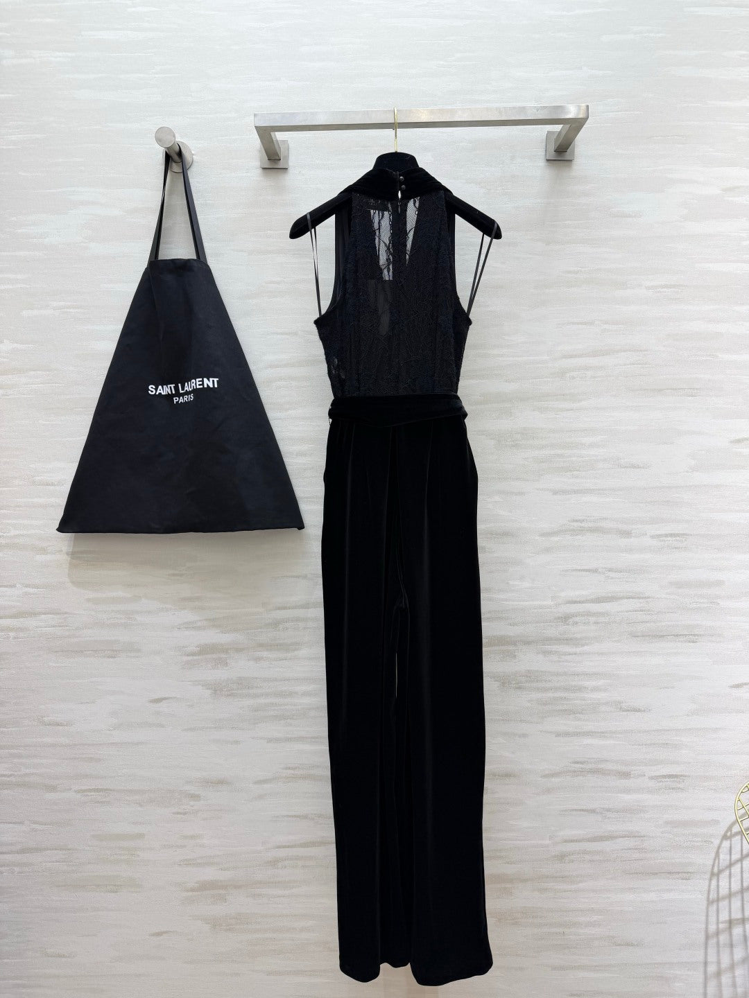 YSL 26FW Velvet Lace Halter-Neck Wide-Leg Jumpsuit Black Velvet 441671