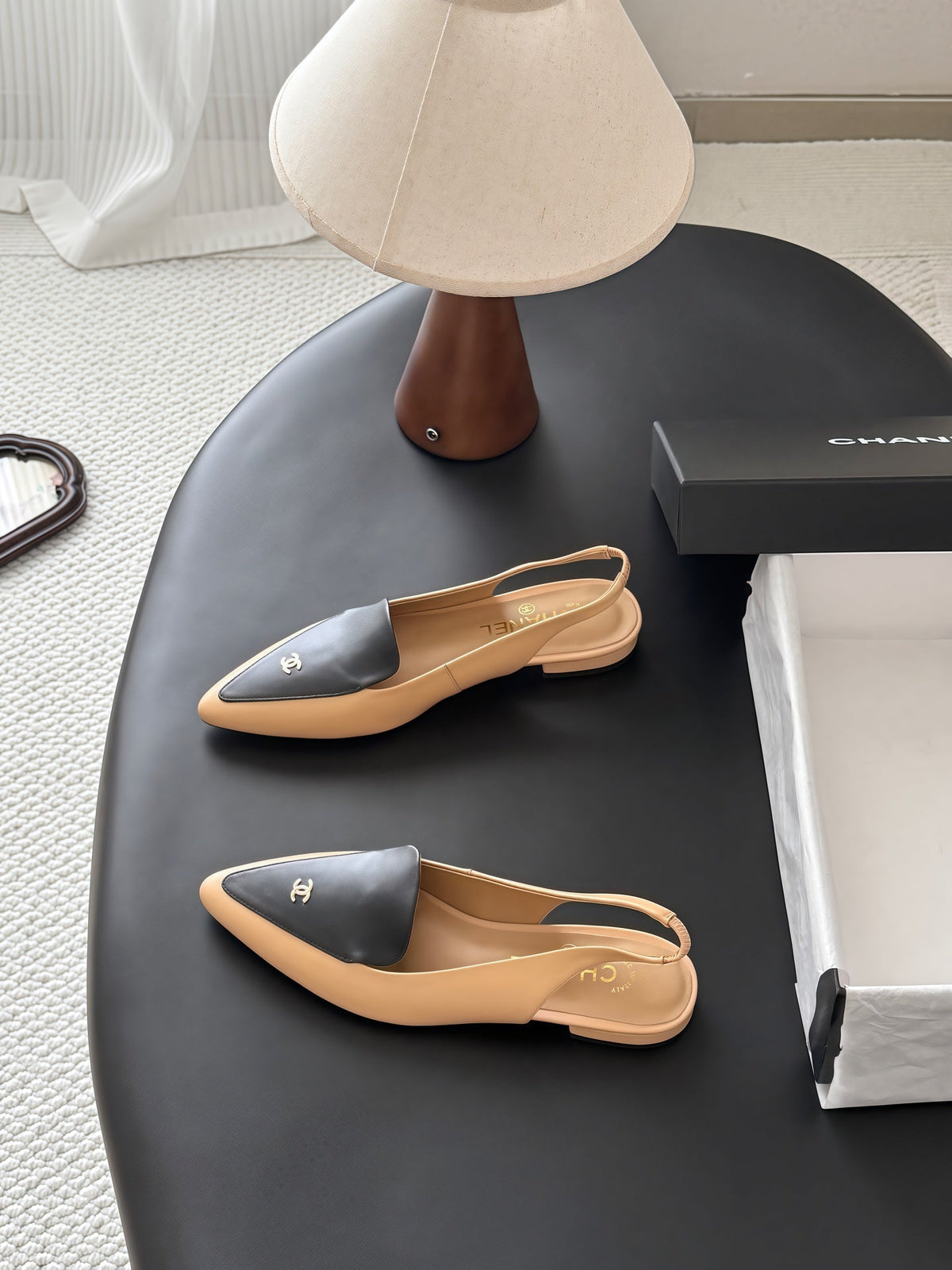 Chanel 26s Slingback Flat Black Beige Calfskin