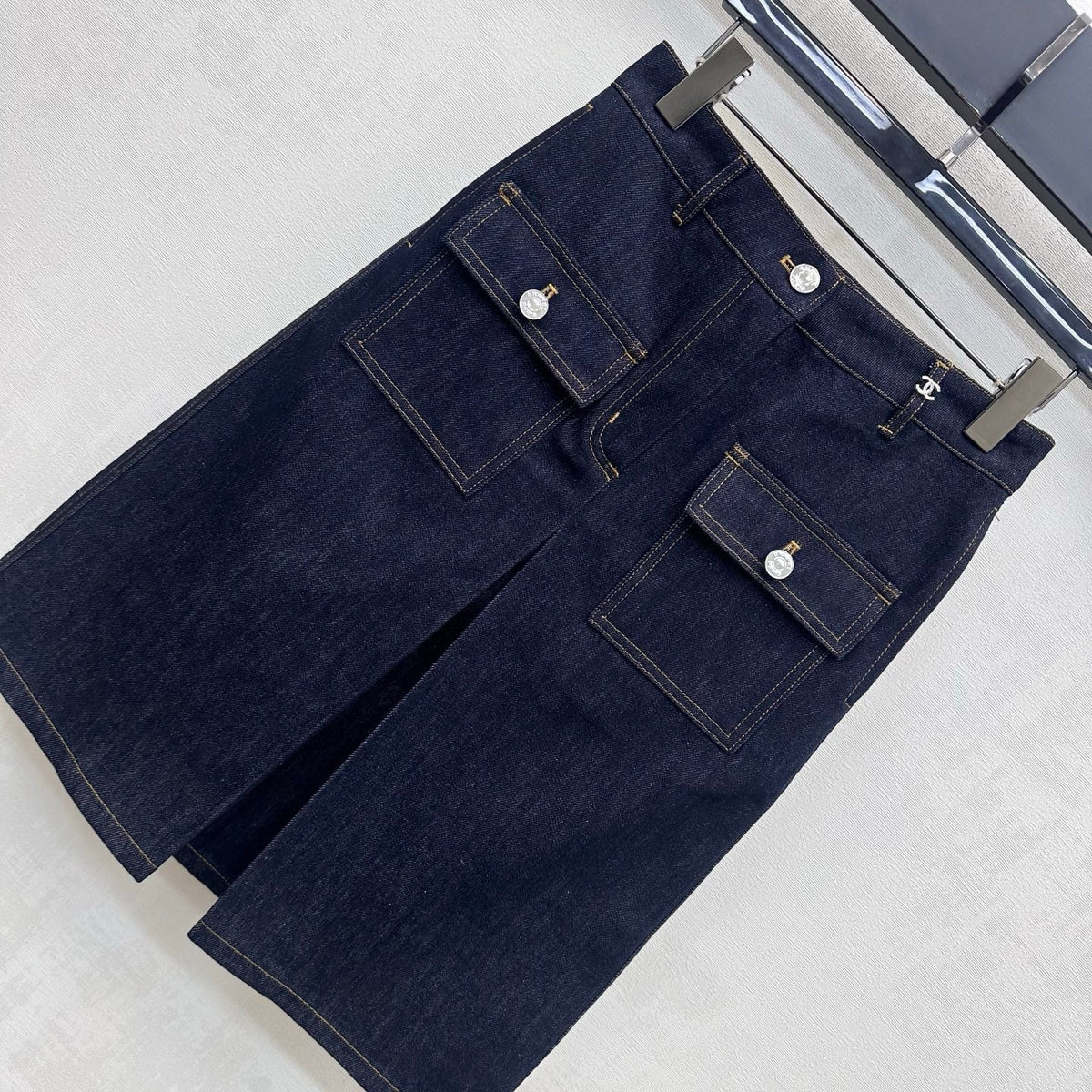 CC 26FW High-Waisted Slit Denim Skirt Double-C Pocket Detail Blue Cotton 441481