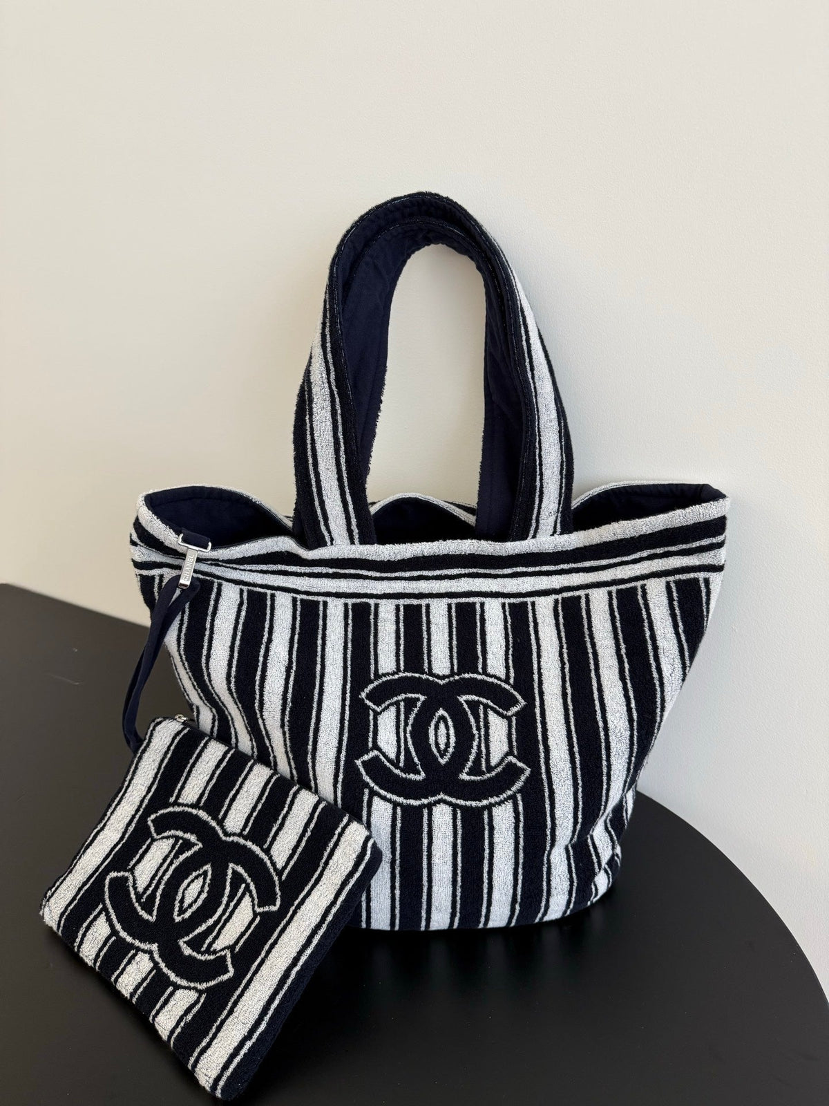Chanel 2026 Coco Beach Tote Bag 43cm Black White Fluffy Cotton