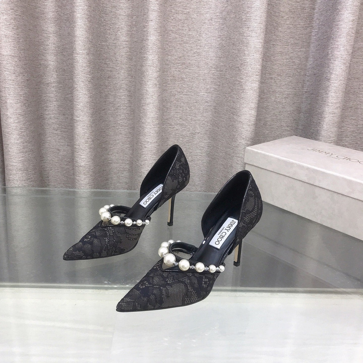 Jimmy Choo 26S High Heels 8.5cm Black Lace Pearl-Embellished 824195