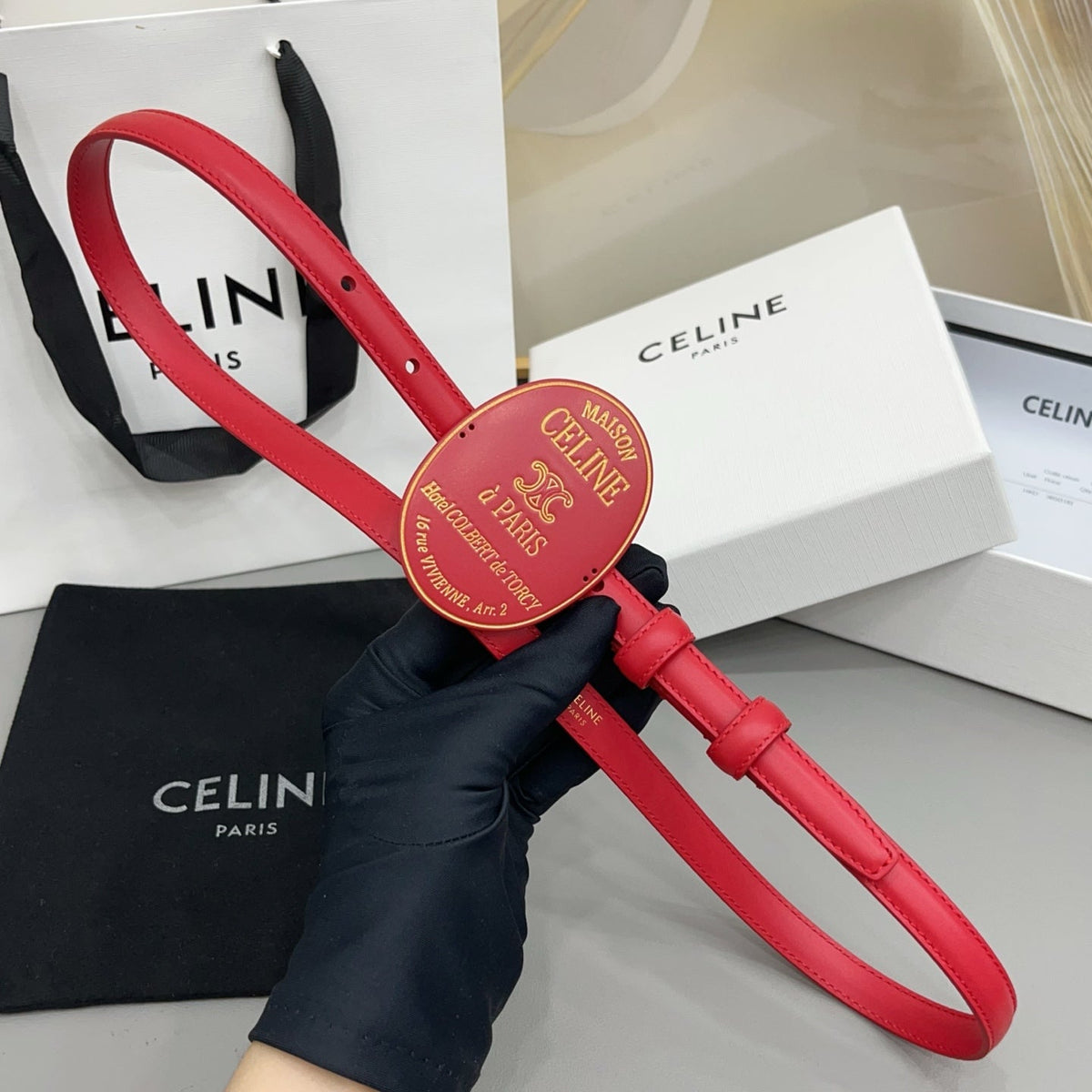Celine 2026 Triomphe Slim Oval Badge Buckle Belt 13mm Red Leather