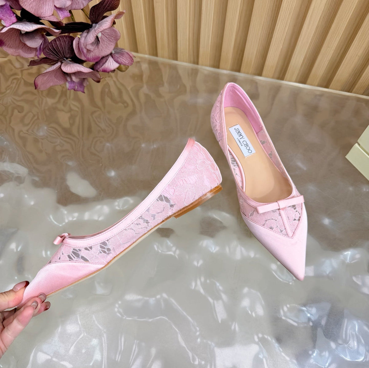 Jimmy Choo 26S Flats Light Pink Lace And Satin 382914