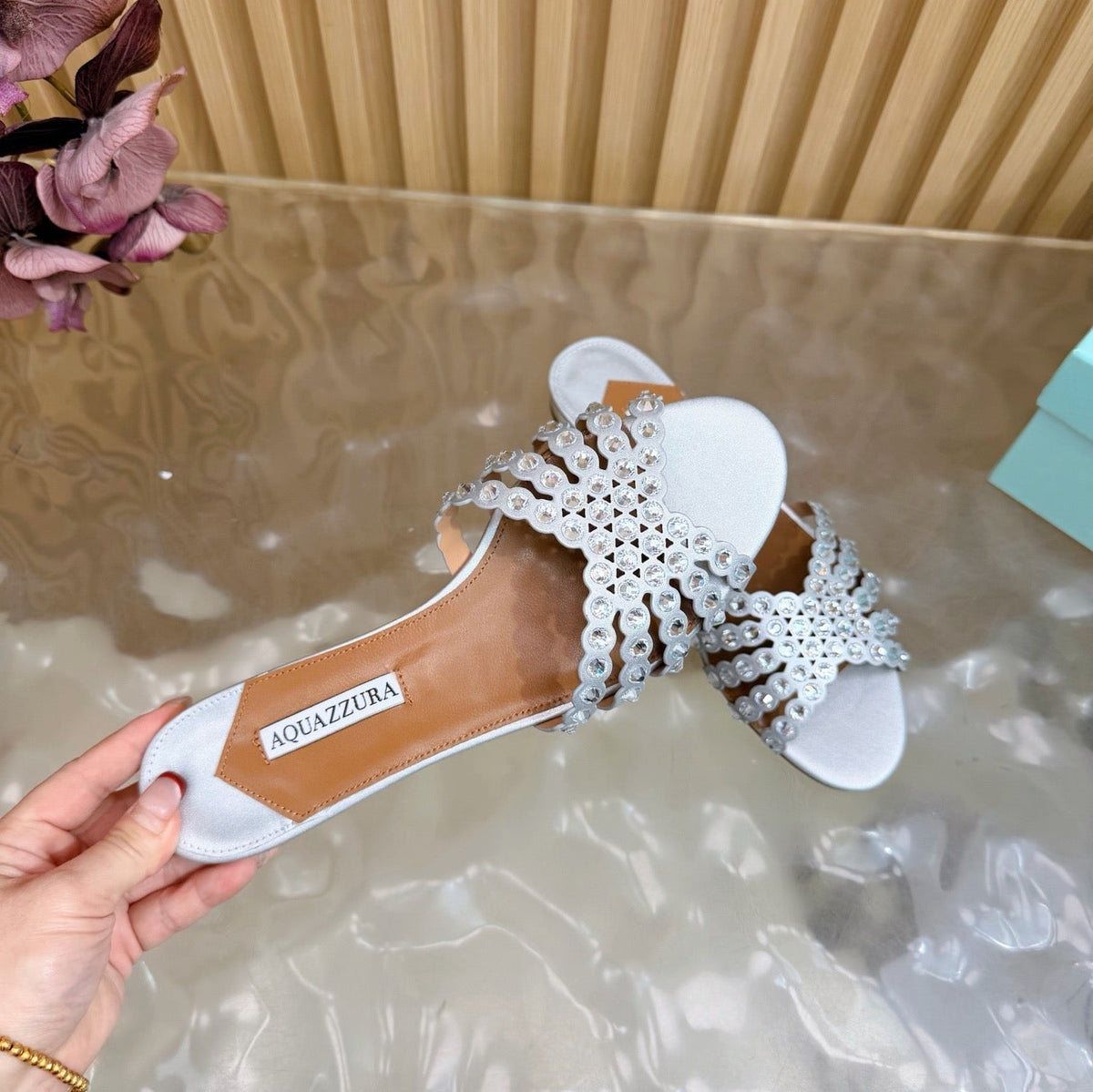 Aquazzura 26s Slides Silver Calfskin Crystal-Embellished Straps 729415