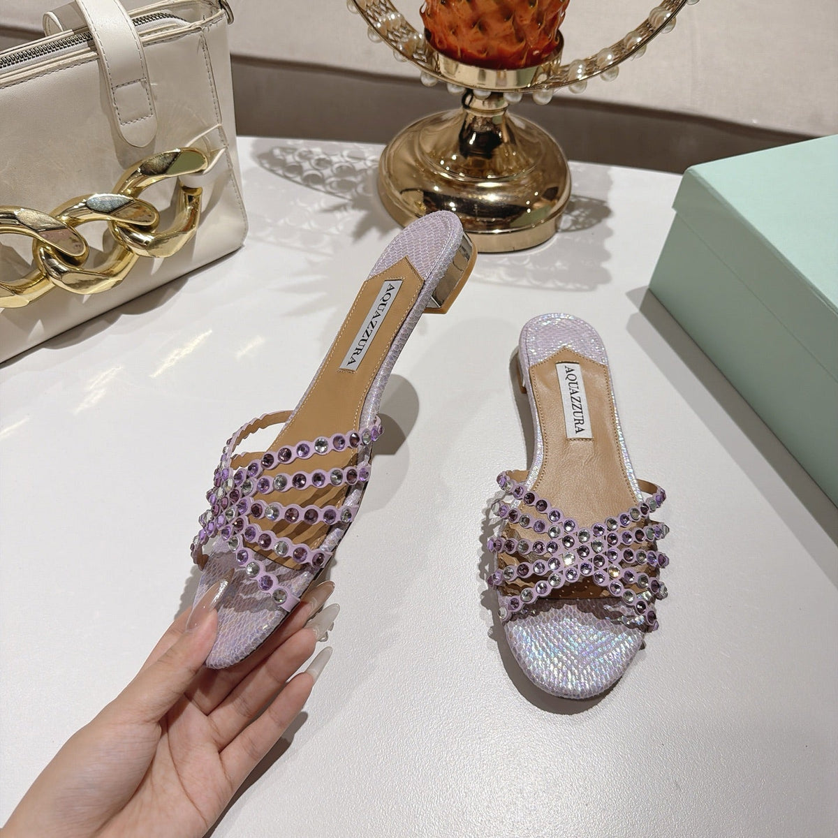 Aquazzura 26s Slides Light Purple Snakeskin Crystal Embellished 749301