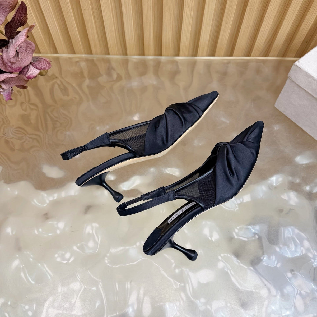 Jimmy Choo 26S Slingback Heels 6.0cm Black Satin With Knot Detail 529148