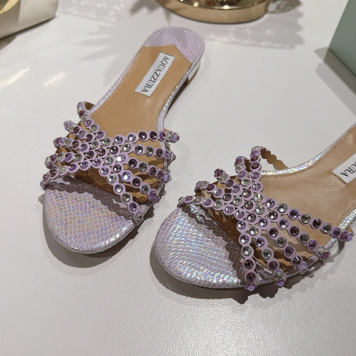 Aquazzura 26s Slides Light Purple Snakeskin Crystal Embellished 749301