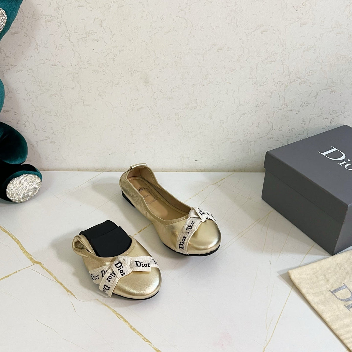 Dior 26s Bow Ballet Flats Gold Calfskin