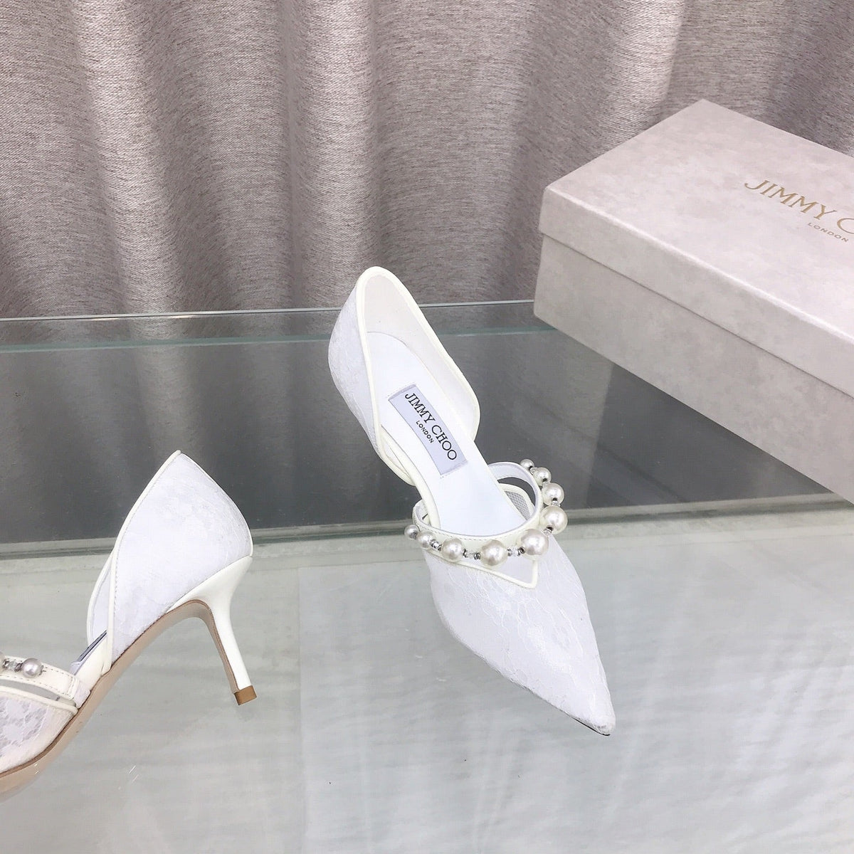 Jimmy Choo 26S High Heels 6.5cm White Lace Pearl-Embellished 714936