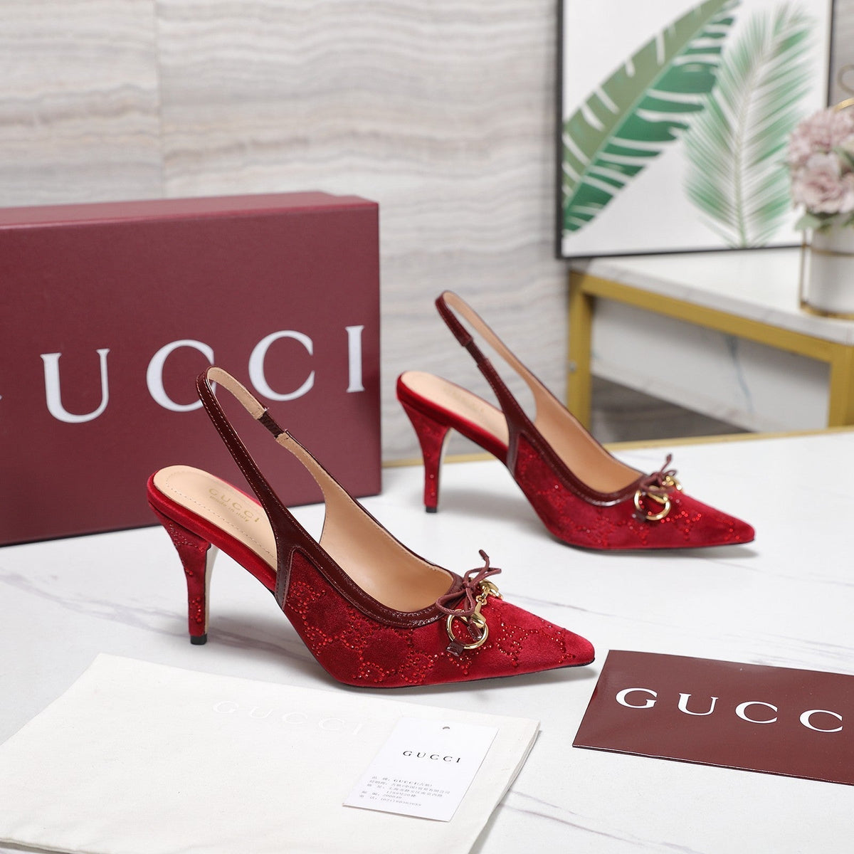 Gucci 26s Slingback Pumps 10cm Dark Red Velvet Gold Hardware With Bow