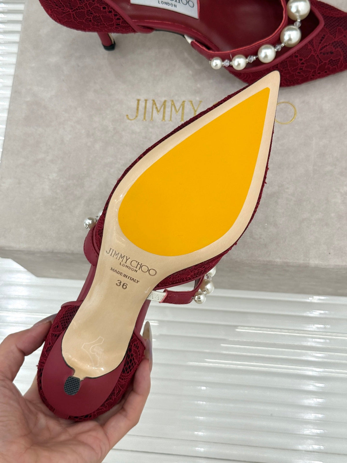 Jimmy Choo 26S High Heels 6.5cm Dark Red Lace Pearl-Embellished 384159