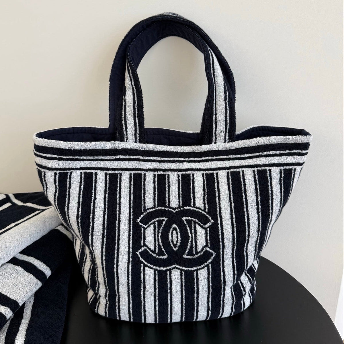 Chanel 2026 Coco Beach Tote Bag 43cm Black White Fluffy Cotton