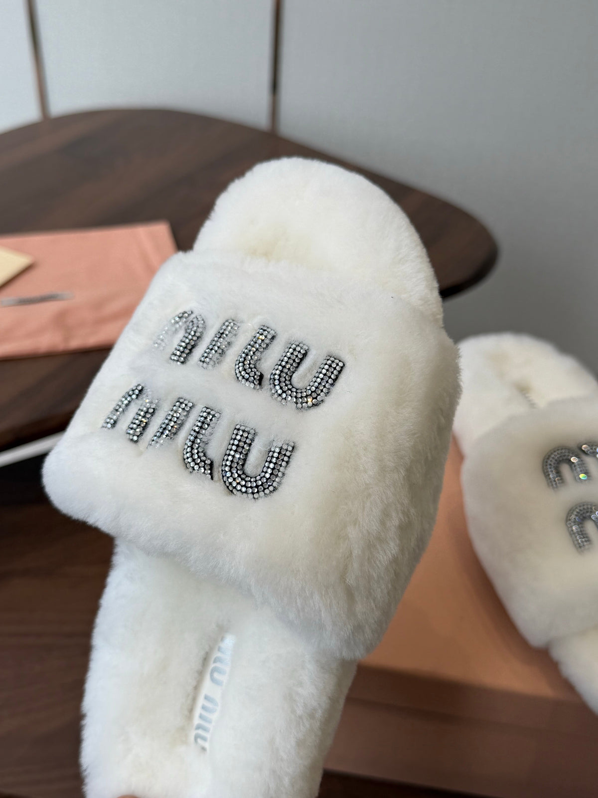 Miumiu 26s Crystal Logo Slides White Shearling