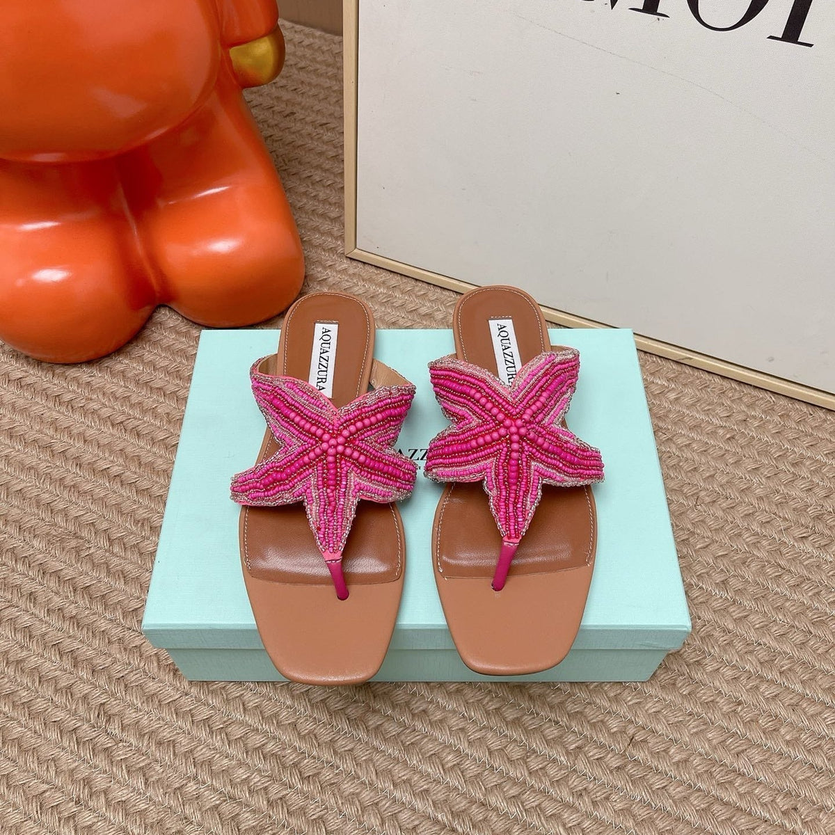 Aquazzura 26s Starfish Beaded Thong Sandals Pink And Brown Lambskin 839205