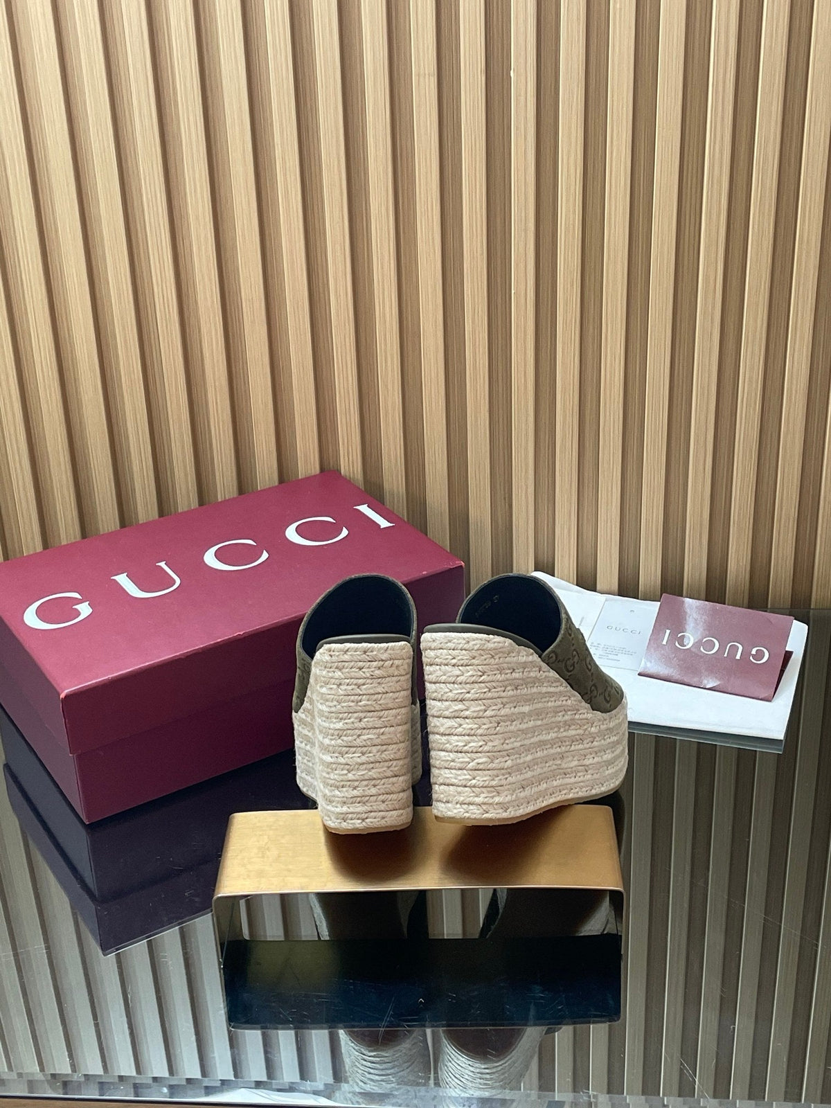 Gucci 26S Wedge Sandals 11Cm In Olive Green Suede GG Monogram