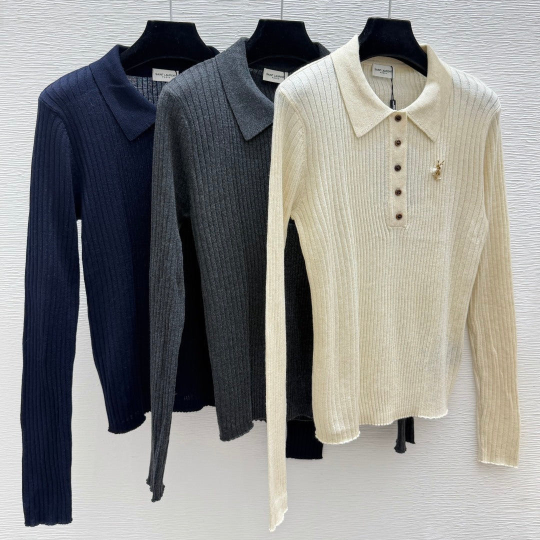 YSL 26FW Ribbed Knit Polo Sweater Gold-Tone YSL Logo Wool 313375