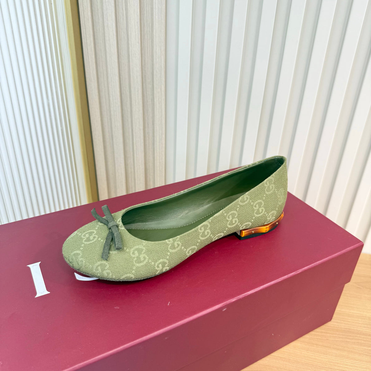 GG 26S Horsebit Ballet Flats Bow Detail Olive Green GG Canvas 141308