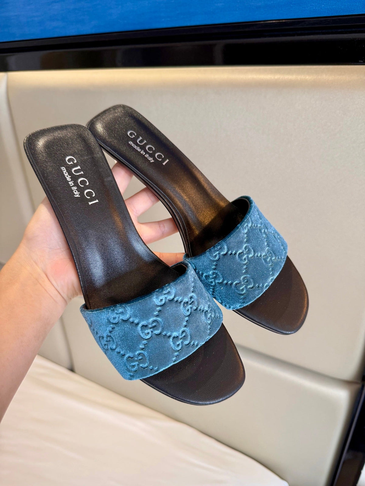 Gucci 26s Slide Sandals 5.5cm Dusty Blue Velvet