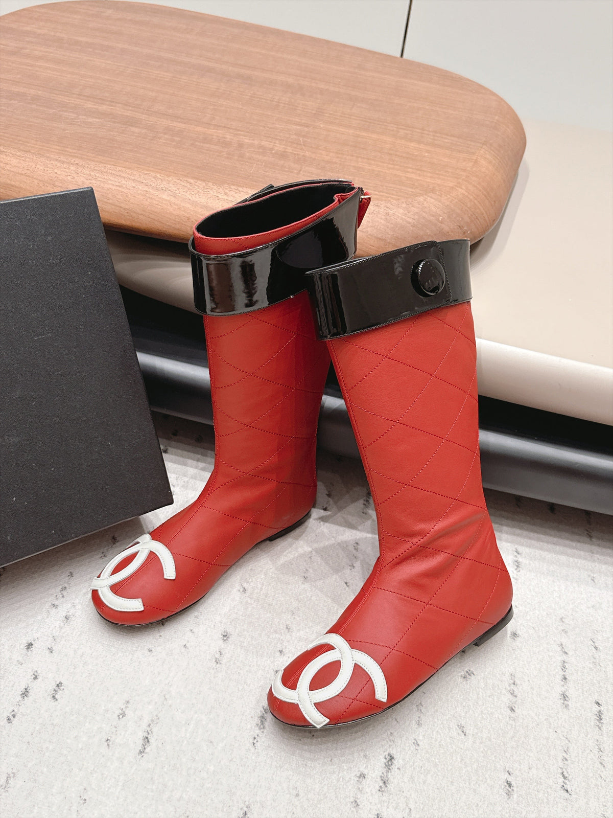Chanel 26s Knee High Boots Red Quilted Calfskin Black Patent Cuff