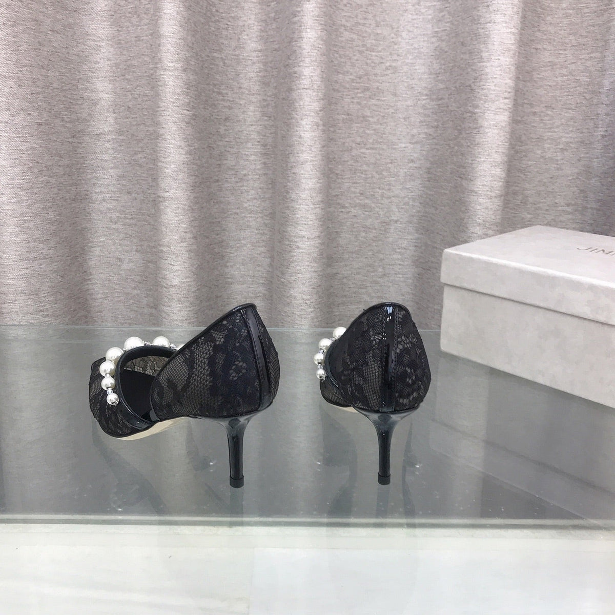 Jimmy Choo 26S High Heels 6.5cm Black Lace Pearl-Embellished 529418