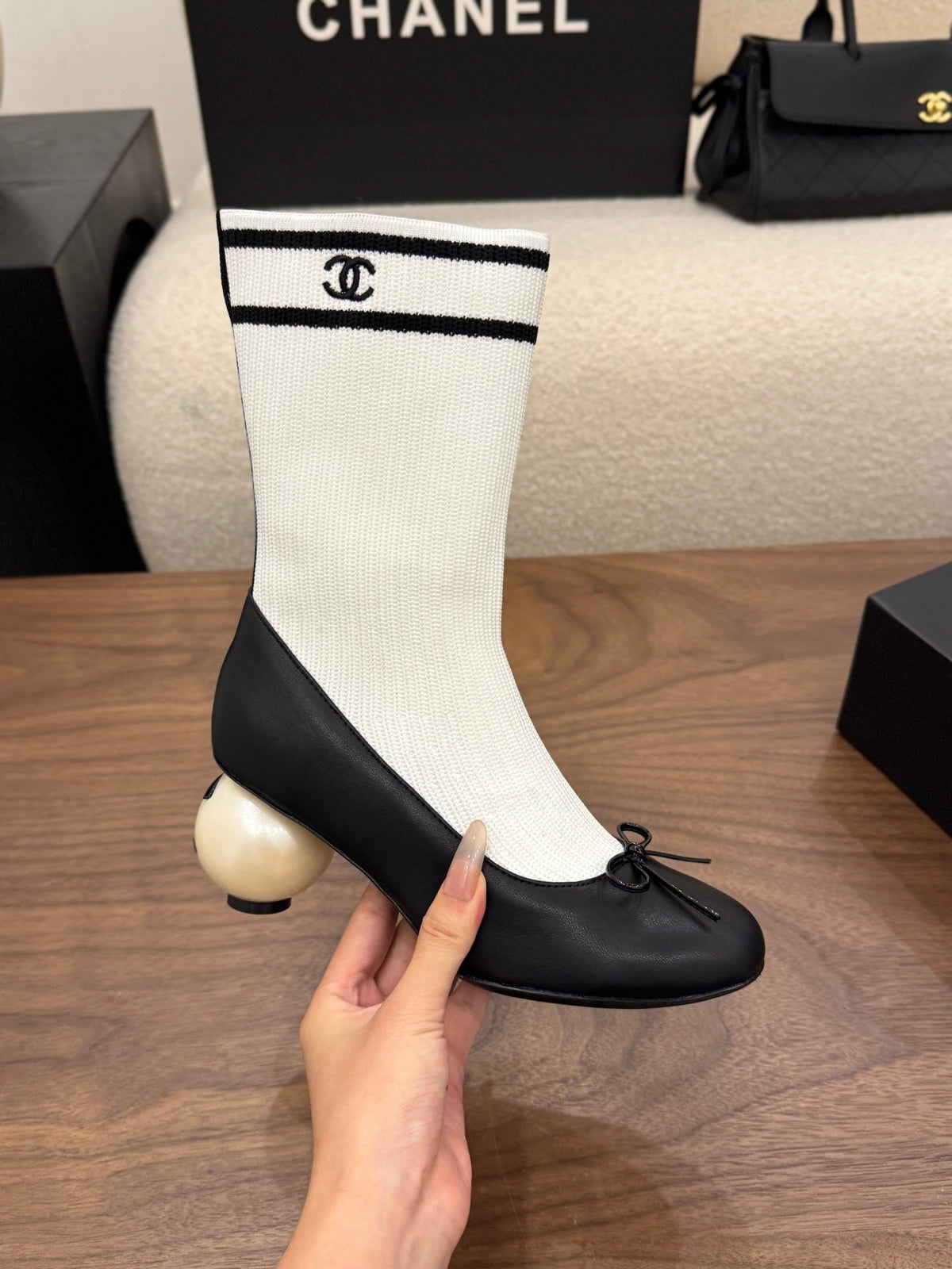 Chanel 2026 Pearl Sock Ankle Boots 65mm Cowhide Knit 173311