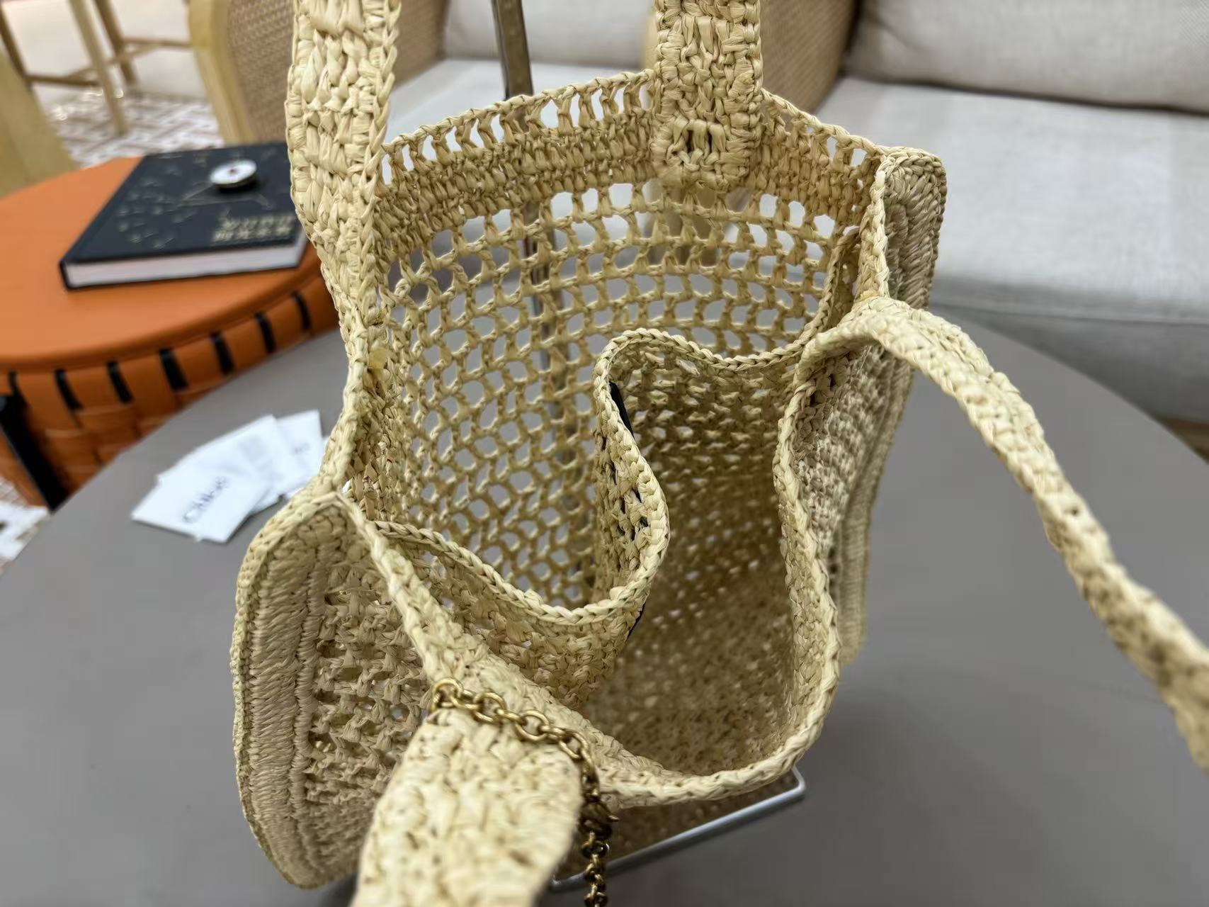 Chloé Summer Banana Crochet Tote Bag Raffia With Leather Trim