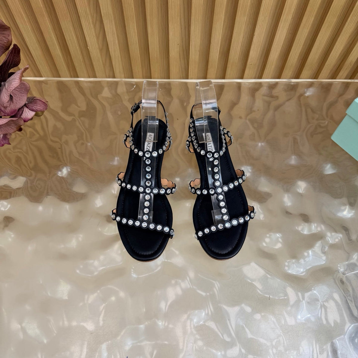 Aquazzura 26s Flat Sandals Black Calfskin Crystal Embellished 839514